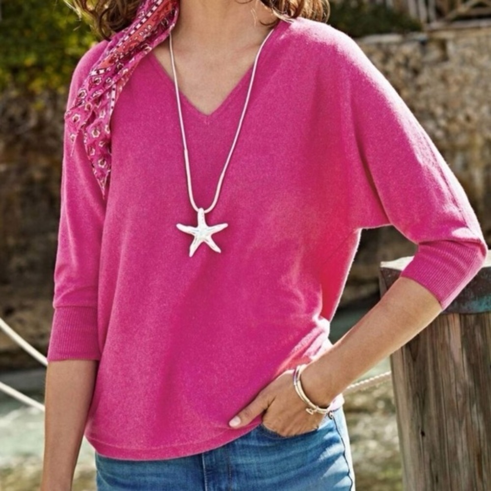 J Jill peony pink linen cotton rayon v neck three quarter sweater tall medium